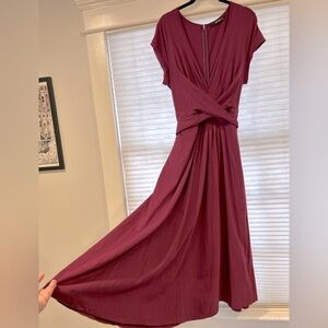 EUC Plunge V Magenta Purple with Sash Midi Dress Full Skirt & Pockets L/XL 14